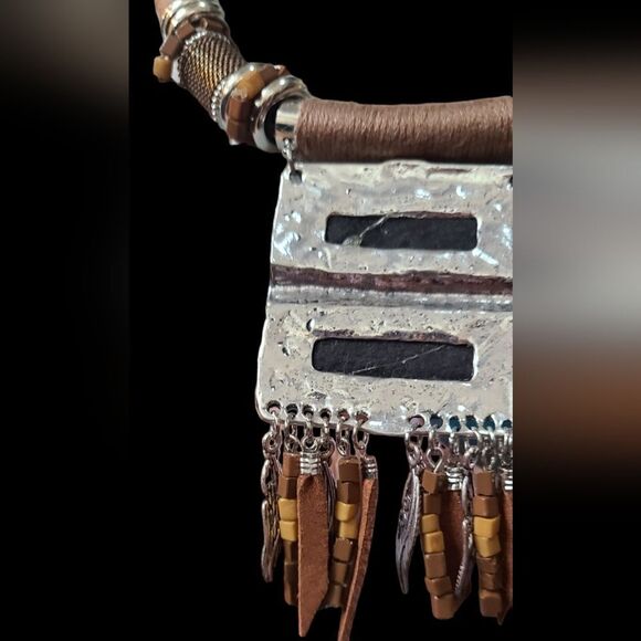 PARIS Necklace Ethnic Tribal Statement Solid Reversible Brown & Silver … - Picture 5 of 13
